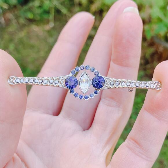 Vintage Mid Century Blue Rhinestone Bar Brooch Edwardian Revival Elegant Pin - Picture 2 of 11